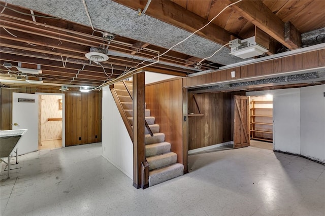 basement with wooden walls