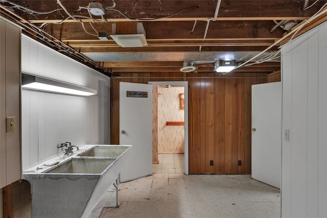 basement with sink and wooden walls