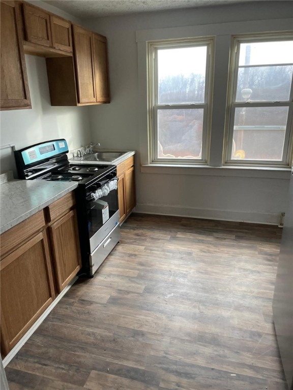 kitchen with stainless steel range, wood-type flooring, a textured ceiling, and sink