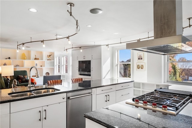 kitchen with island exhaust hood, white cabinetry, sink, and appliances with stainless steel finishes