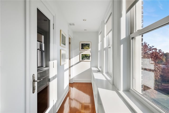 hall with light hardwood / wood-style flooring and a healthy amount of sunlight