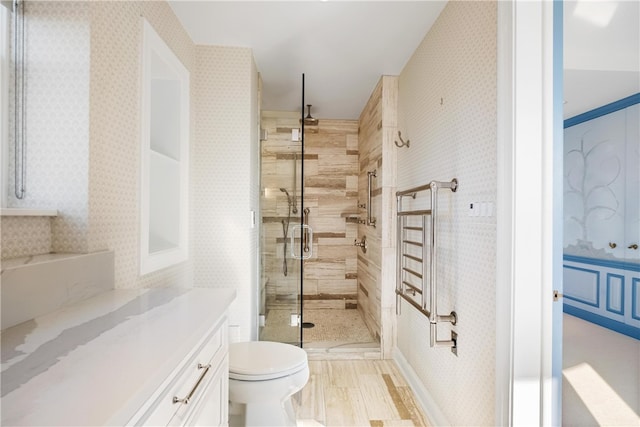 bathroom featuring vanity, toilet, and an enclosed shower