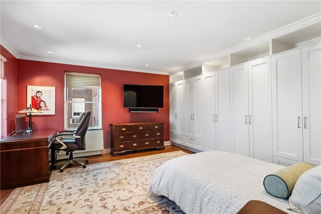 5023 Frew Unit 6Bc, Squirrel Hill, PA 15213 - bedroom with crown molding, wood finished floors, recessed lighting, a desk, and baseboards