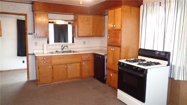 kitchen featuring light carpet, sink, decorative backsplash, black dishwasher, and white range with gas cooktop