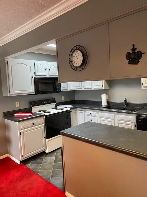 kitchen featuring ornamental molding, sink, electric stove, dark tile patterned flooring, and white cabinetry