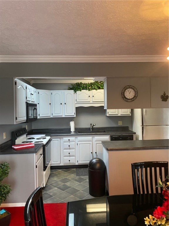 kitchen with a textured ceiling, sink, white cabinetry, and black appliances