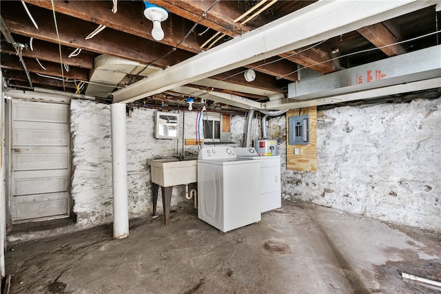 basement with electric panel, washer and clothes dryer, and sink