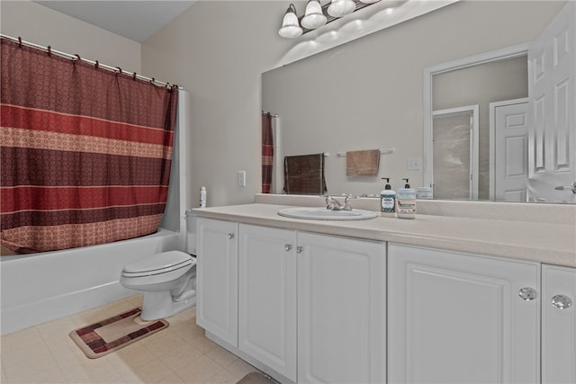 full bathroom with toilet, tile patterned floors, vanity, and shower / tub combo with curtain