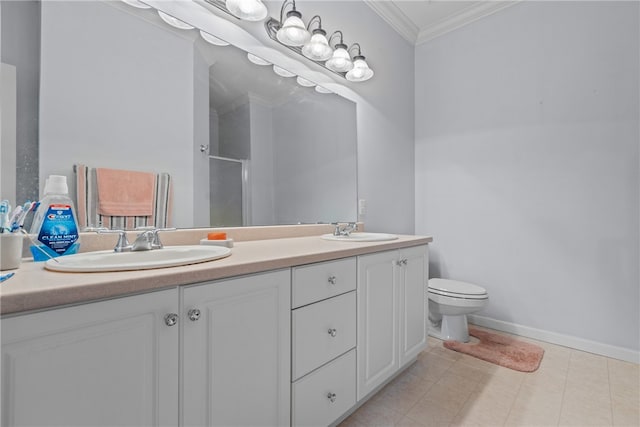 bathroom with walk in shower, tile patterned floors, toilet, vanity, and ornamental molding