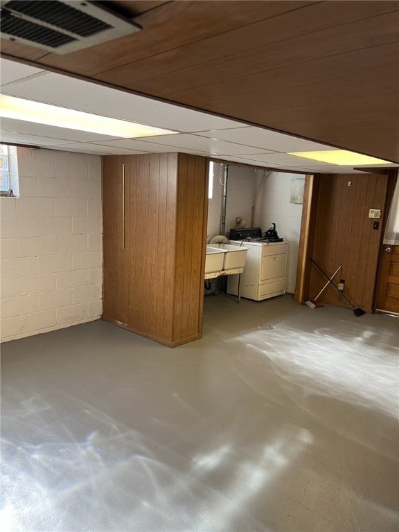 basement with sink and wooden walls