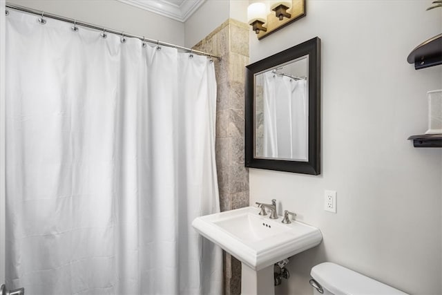 bathroom with toilet, crown molding, and sink