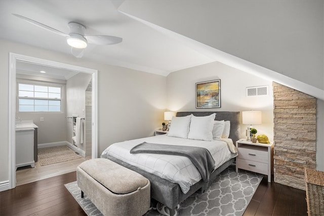 bedroom featuring ceiling fan, crown molding, and dark hardwood / wood-style floors