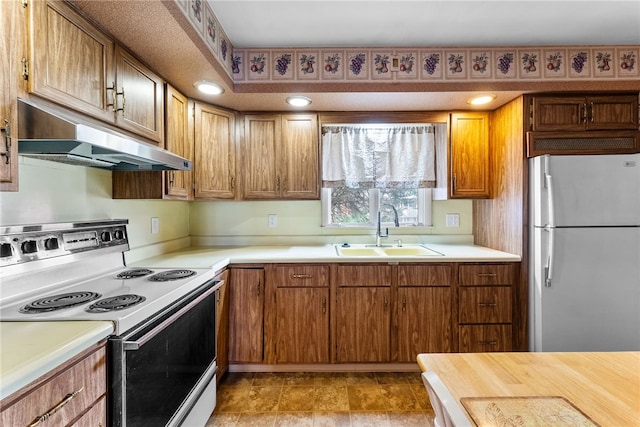 627 Wayne Ave, Monaca, PA 15061 - kitchen featuring range with electric cooktop, freestanding refrigerator, a sink, under cabinet range hood, and light countertops