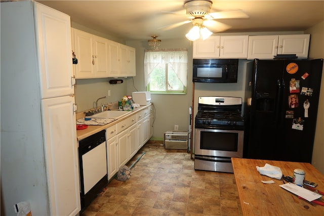 kitchen with black appliances, ceiling fan, white cabinets, and sink