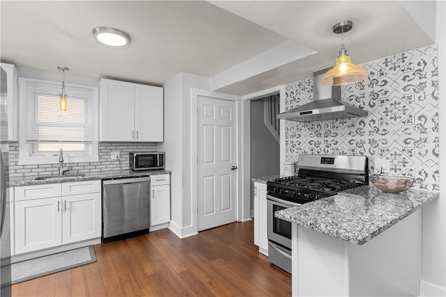 kitchen with white cabinets, sink, wall chimney exhaust hood, and stainless steel appliances