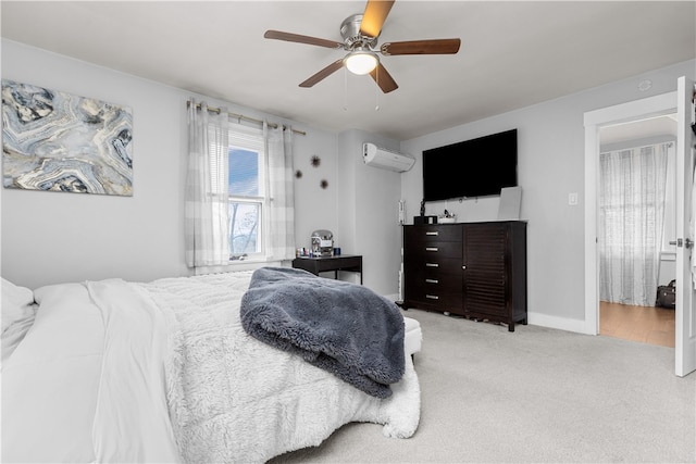 carpeted bedroom featuring ceiling fan and an AC wall unit