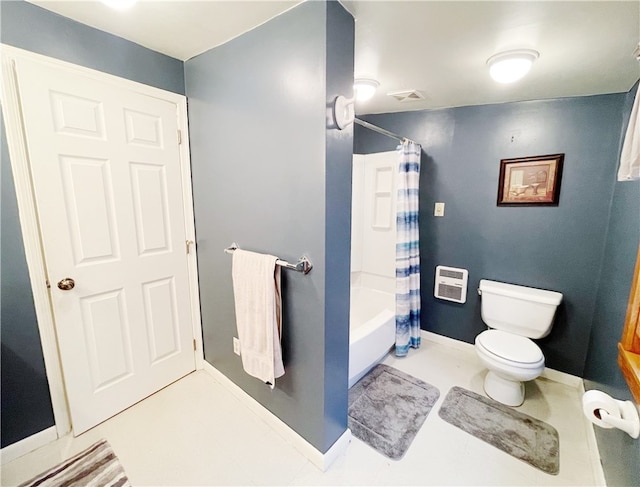 bathroom featuring heating unit, shower / bathtub combination with curtain, and toilet