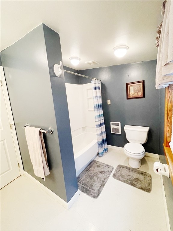 bathroom featuring heating unit, shower / bathtub combination with curtain, and toilet