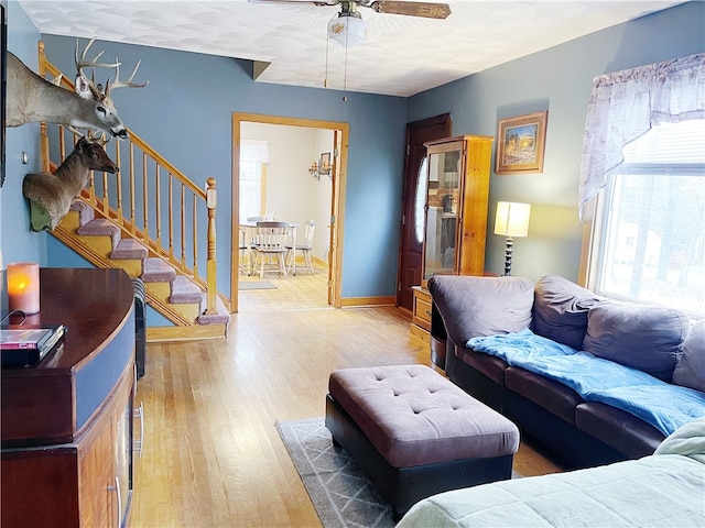 living room with ceiling fan and wood-type flooring