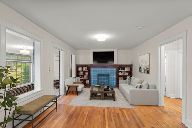 living room featuring light wood-type flooring and a fireplace