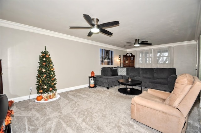 carpeted living room with ceiling fan and ornamental molding