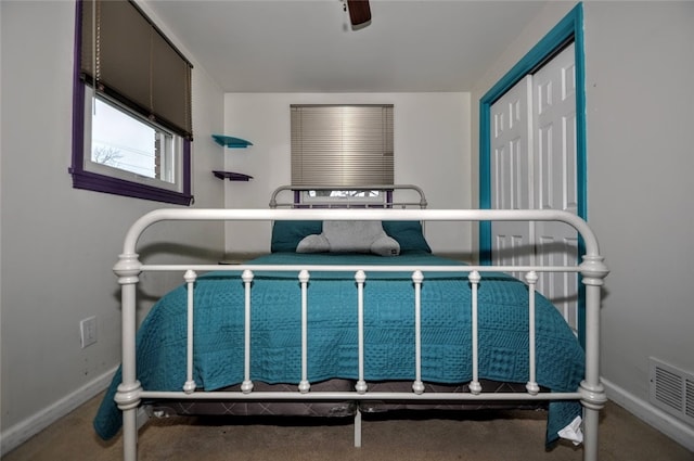 bedroom featuring carpet flooring and ceiling fan