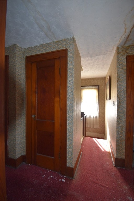 corridor with carpet flooring and a textured ceiling