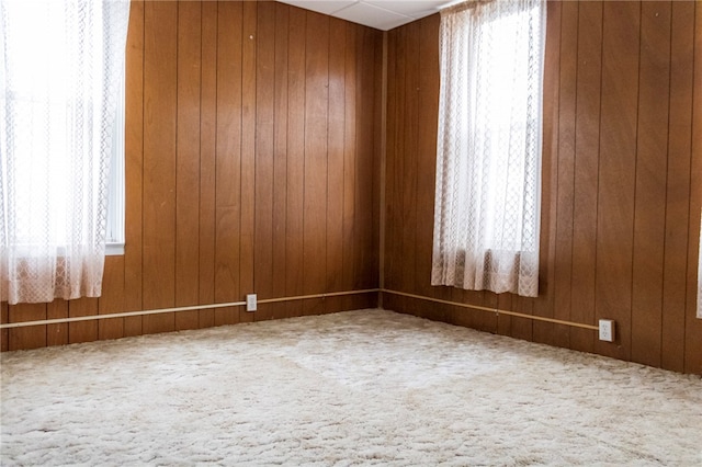 carpeted empty room with wooden walls