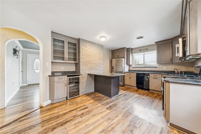 kitchen with wine cooler, dishwasher, stainless steel refrigerator with ice dispenser, and light hardwood / wood-style flooring