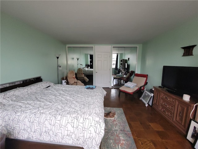 bedroom featuring dark wood-type flooring and two closets