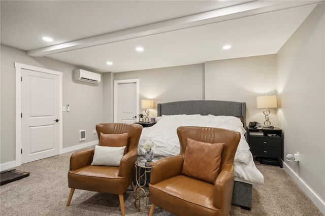 carpeted bedroom with a wall mounted air conditioner and beamed ceiling