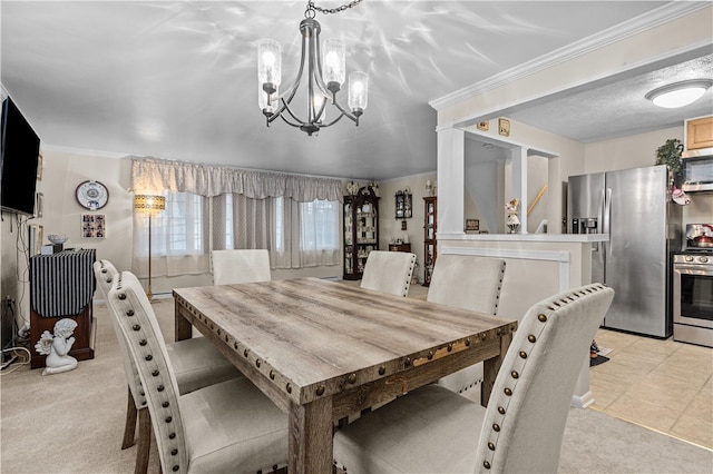 dining room with light colored carpet, crown molding, and a chandelier