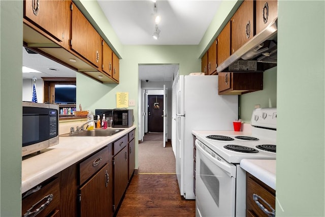 kitchen with sink, dark wood-type flooring, range hood, and white electric stove