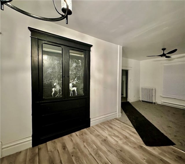 foyer featuring ceiling fan, radiator heating unit, a baseboard radiator, and wood-type flooring