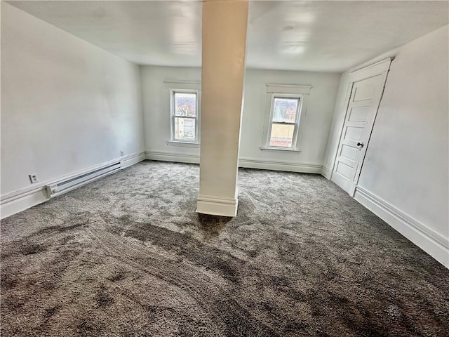 spare room featuring carpet floors, baseboard heating, and plenty of natural light