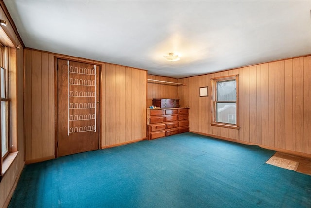 interior space with wooden walls and dark carpet