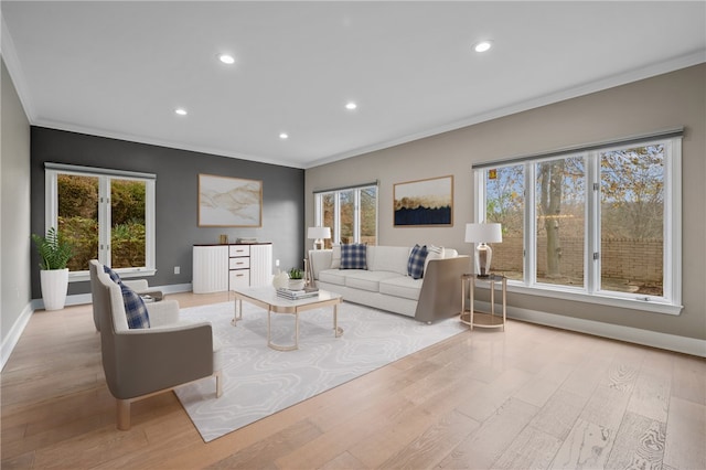 living room featuring light hardwood / wood-style floors and ornamental molding