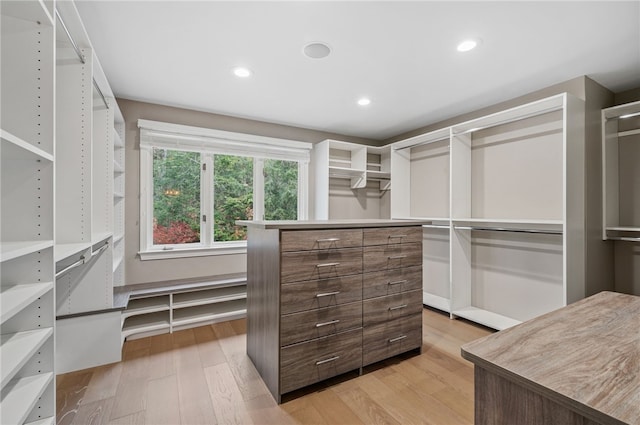 spacious closet with light hardwood / wood-style flooring