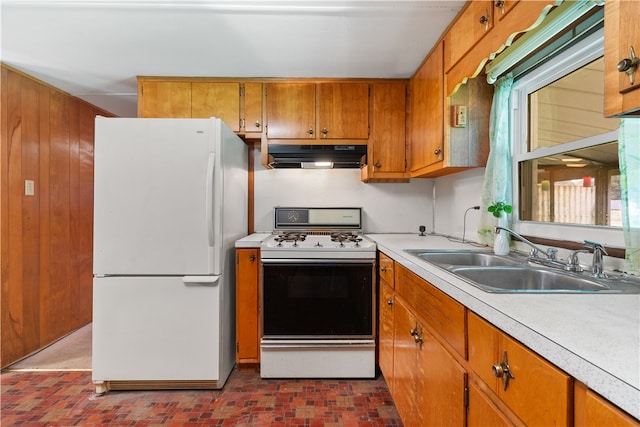 kitchen featuring sink, exhaust hood, and white appliances