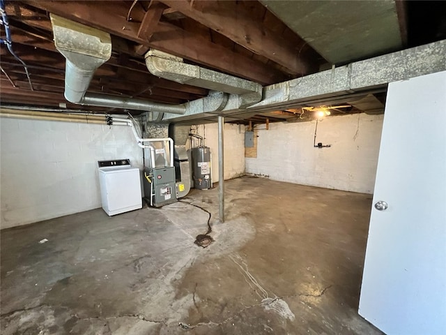 basement with washer / clothes dryer, heating unit, gas water heater, and electric panel