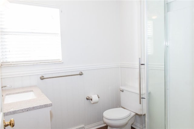 bathroom with vanity, toilet, and walk in shower