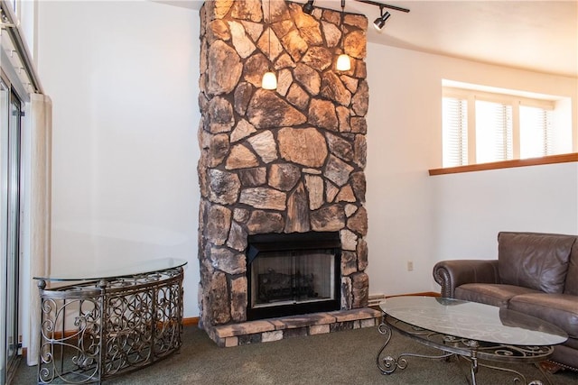 living room with carpet flooring, a fireplace, and track lighting