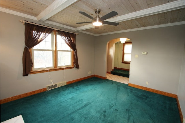 carpeted spare room with beamed ceiling, ceiling fan, wooden ceiling, and crown molding