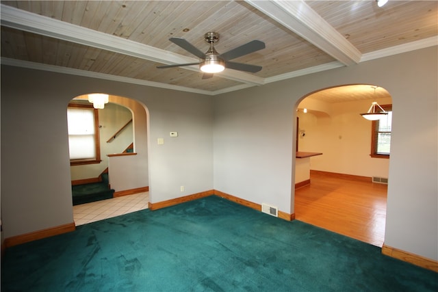 empty room featuring wooden ceiling, wood-type flooring, and ornamental molding