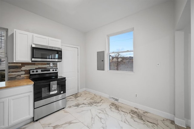 kitchen with white cabinetry, tasteful backsplash, wooden counters, electric panel, and appliances with stainless steel finishes