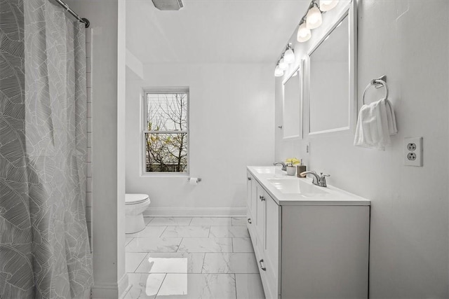 810 Hays St, Homestead, PA 15120 - full bathroom with marble look tile flooring, double vanity, and a shower with shower curtain