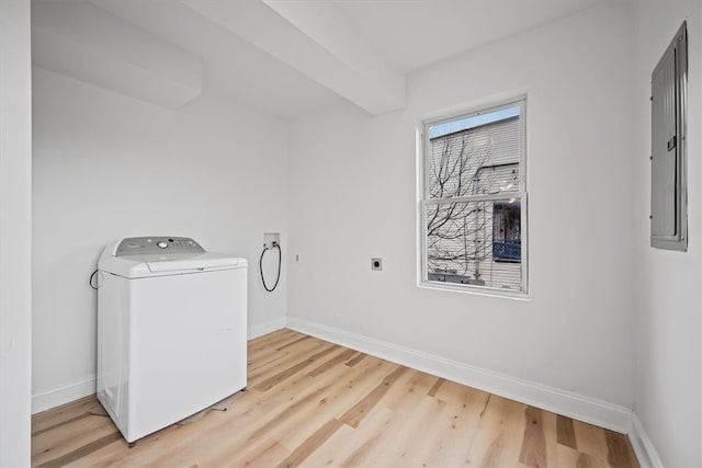 clothes washing area with washer / clothes dryer, electric panel, and light hardwood / wood-style floors