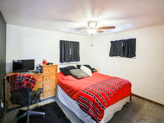 carpeted bedroom with ceiling fan