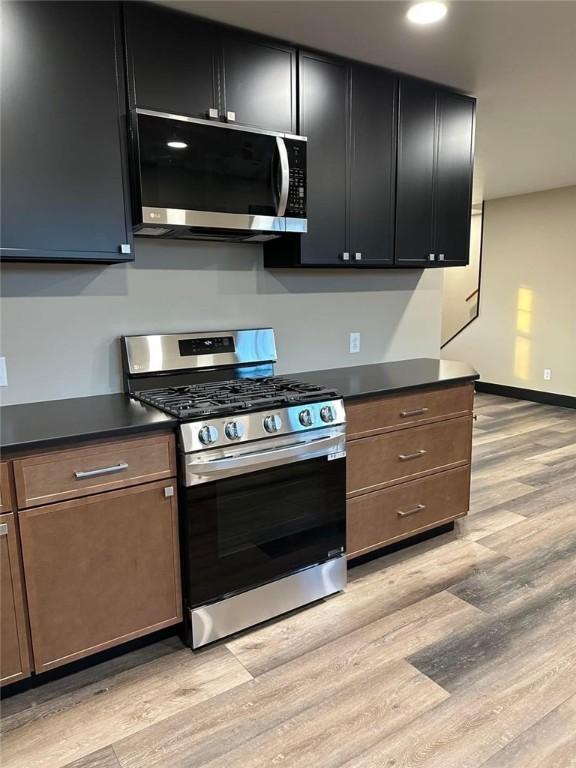 kitchen with light hardwood / wood-style floors and stainless steel appliances