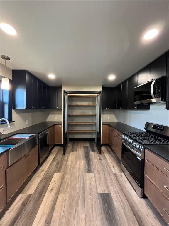 kitchen featuring pendant lighting, light hardwood / wood-style flooring, stainless steel appliances, and sink